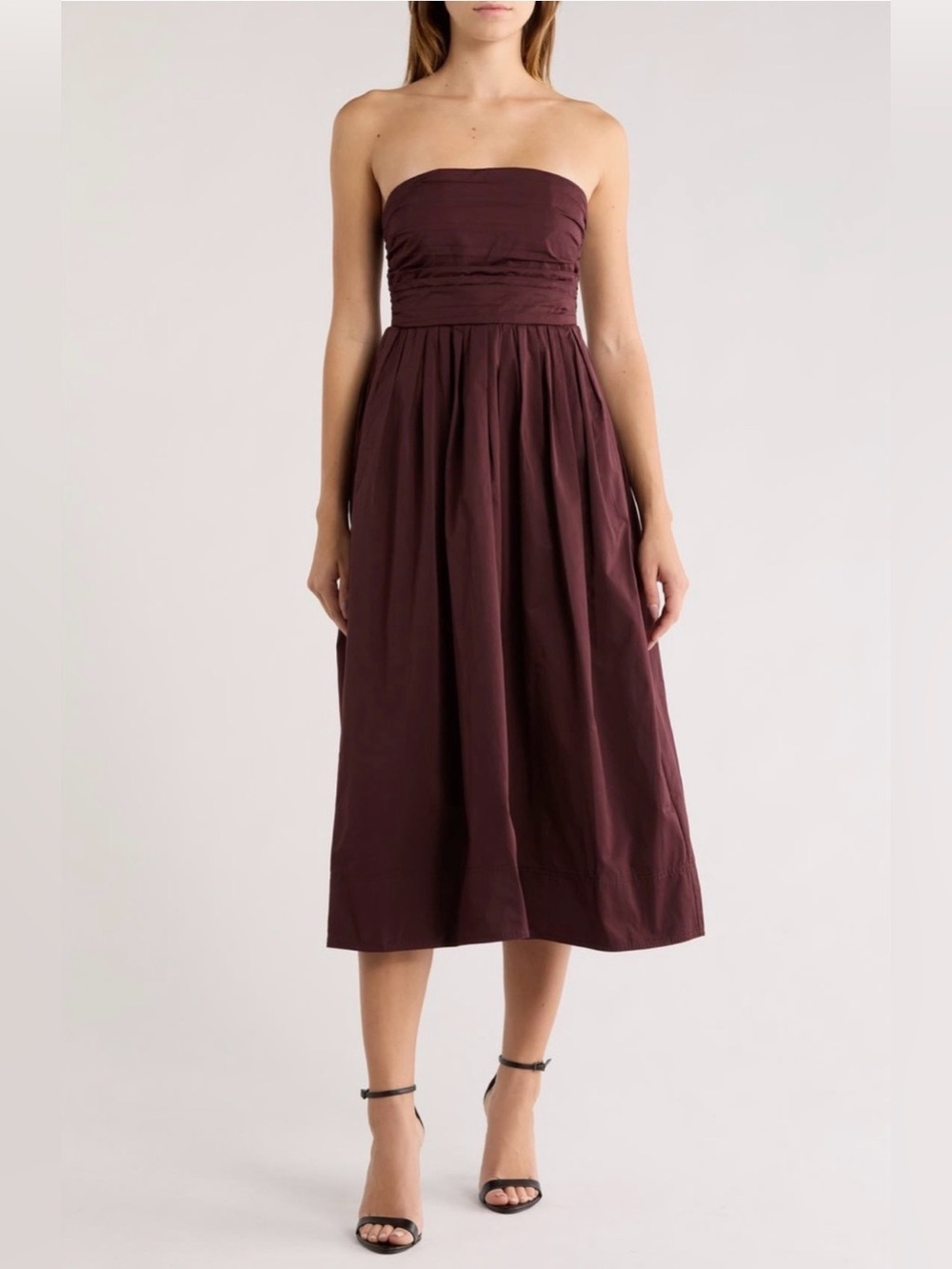 A.L.C. Strapless Pleated Midi Dress in Chocolate Plum